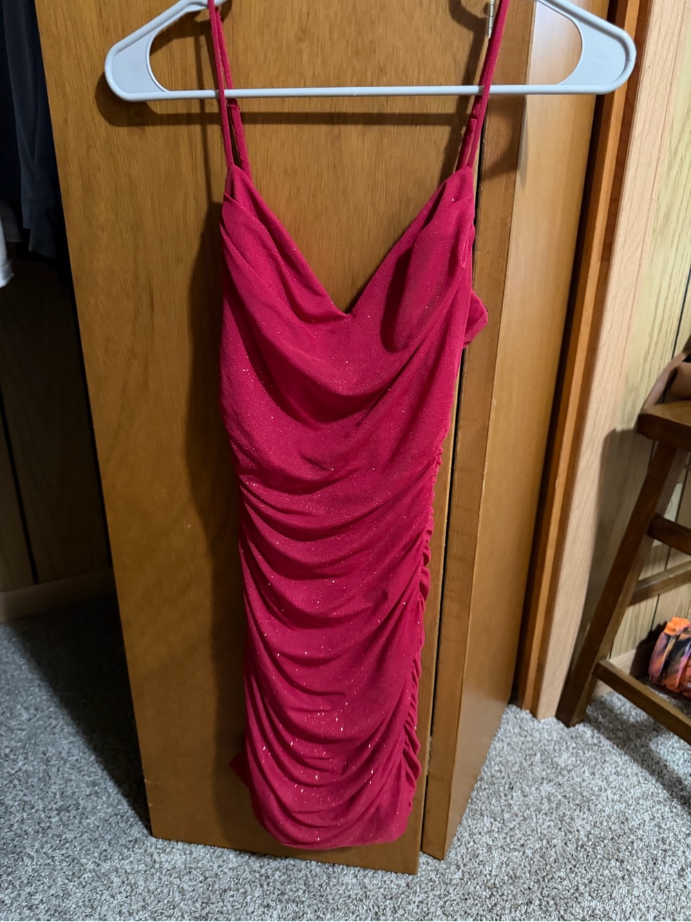 Red Sparkle Cowl Neck Ruched Slip Dress - Women